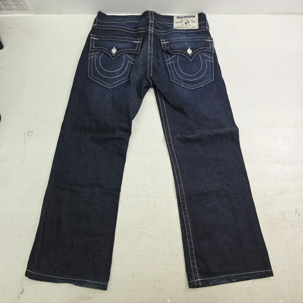 True Religion Jeans Men's 34x28 World Tour Boot Cut Dark Wash Thick Stitch EUC